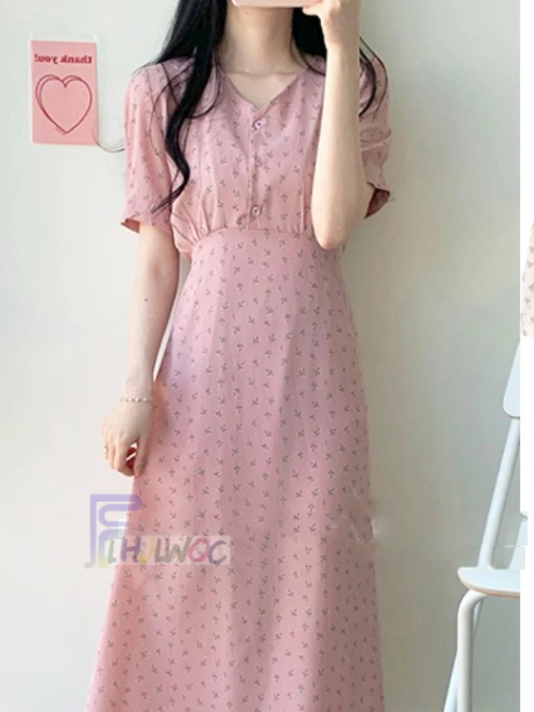 Summer Chiffon Dresses Woman Floral Holiday Date Cute Korean Japan Style Clothes Design A Line Bow Tie Shirt Dress Long Pink 603