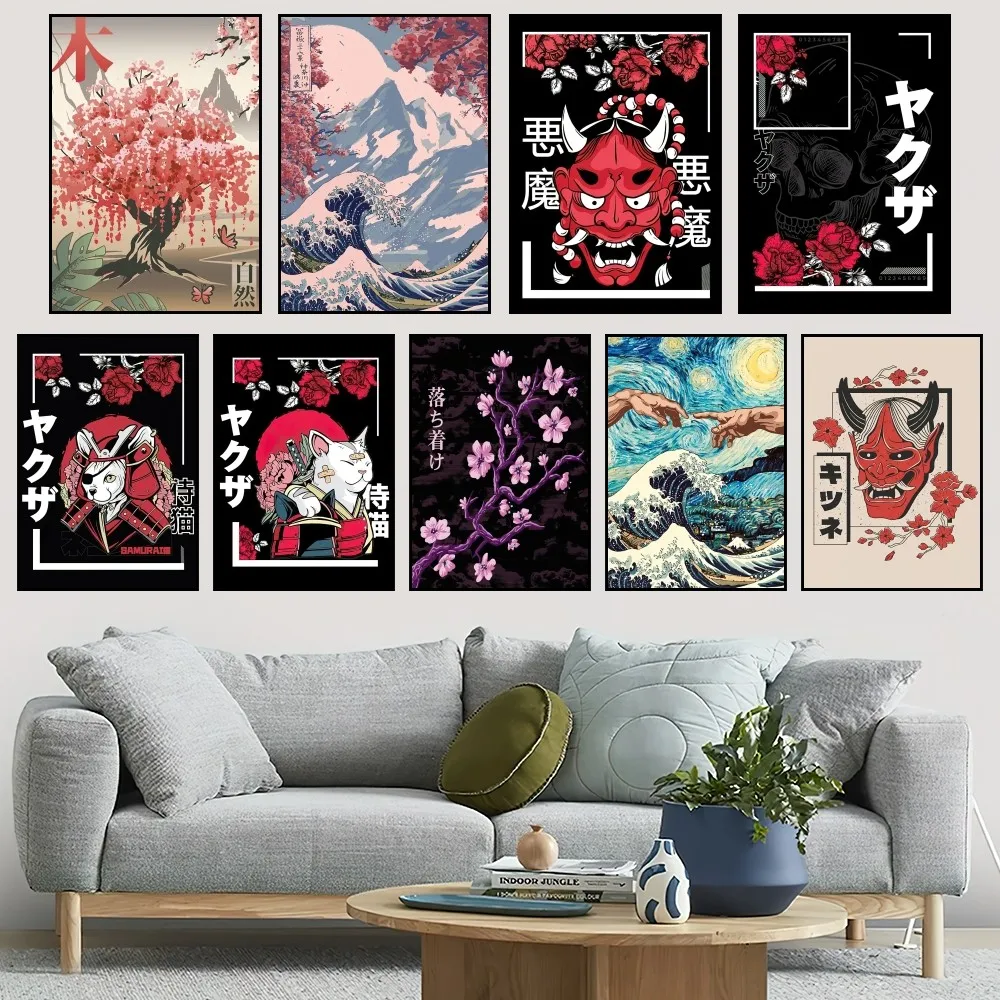 Japan Urban Landscape Samurai Wave Poster Home Bar Coffee House Decor Aesthetic Art Wall Painting Stickers Indoor