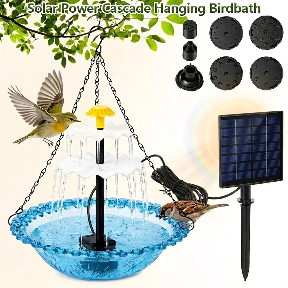 Solar Powered Hanging Bird Bath Fountain Solar Power Cascade Hanging Birdbath for Outdoor Garden Backyard Patio Lawn (Blue or