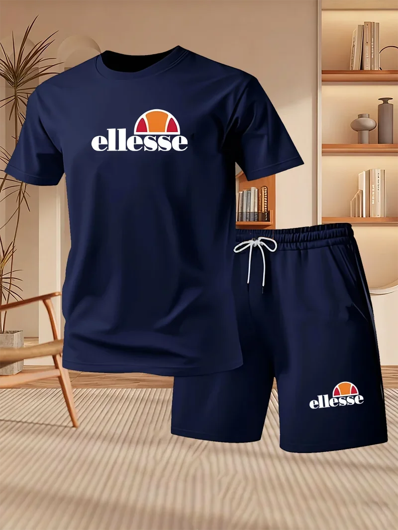 2026 Summer New Men's Fashion Outdoor Sports Set Printed Short Sleeve T-shirt+Shorts Loose Home Leisure Two Piece Set image 4