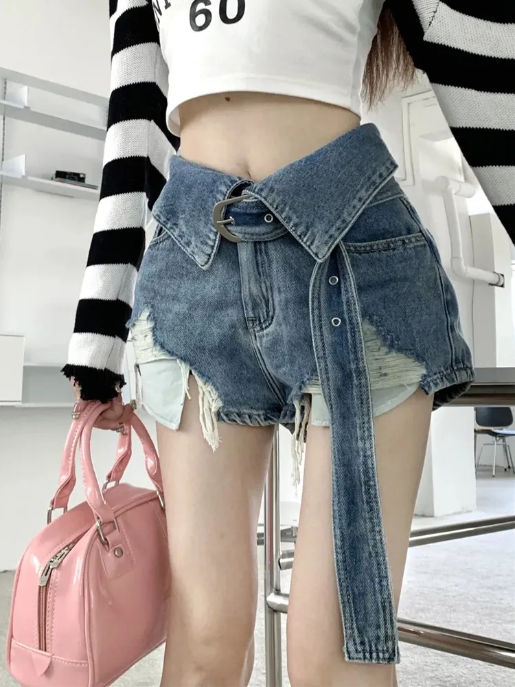 

GUUZYUVIZ Vintgae Ripped Sexy Denim Short For Women Y2K Streetwear Summer Casual Hole Jeans Shorts Female