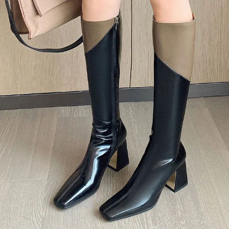 FEDONAS Autumn Winter New Arrival Women Knee High Boots Fashion Mixed Colors Genuine Leather Thick Heels Square Toe Shoes Woman