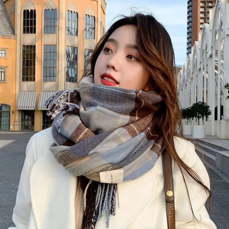 Autumn And Winter Scarf Fashionable And Versatile Korean Style Plaid Thickened Scarf Warm Shawl For Male And Female Students