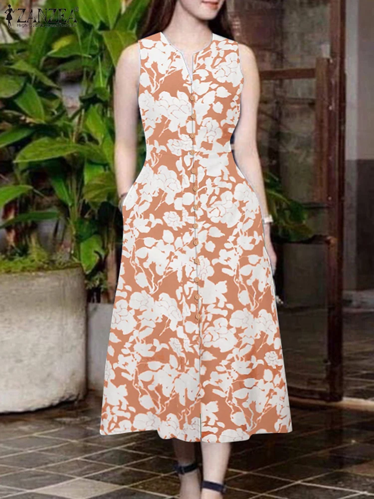 ZANZEA Ärmelloses V-ausschnitt Tank Vestidos 2025, Sommer Floral Print Lässige Mode A-linie Roben Femme Pendeln Frau Midi Kleider