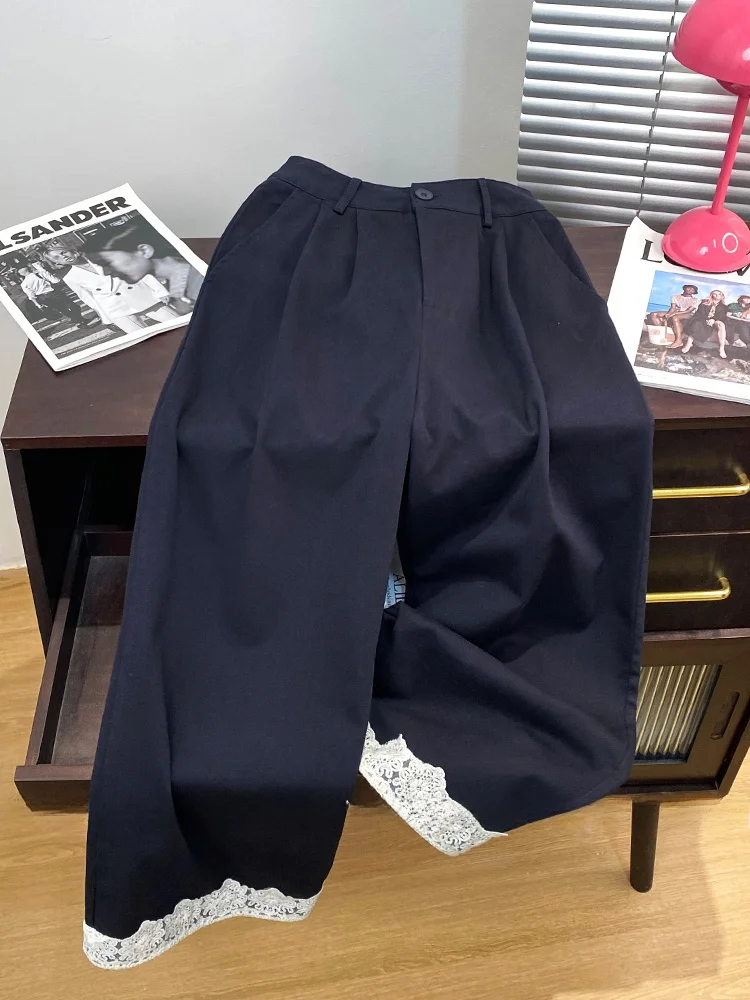 Retro Japanse Sle Werkkleding Wijde Pijpen Broek Dames Zomer Los Veelzijdig Hoge Taille Afslanken Kant Splitsen Recht Casual...
