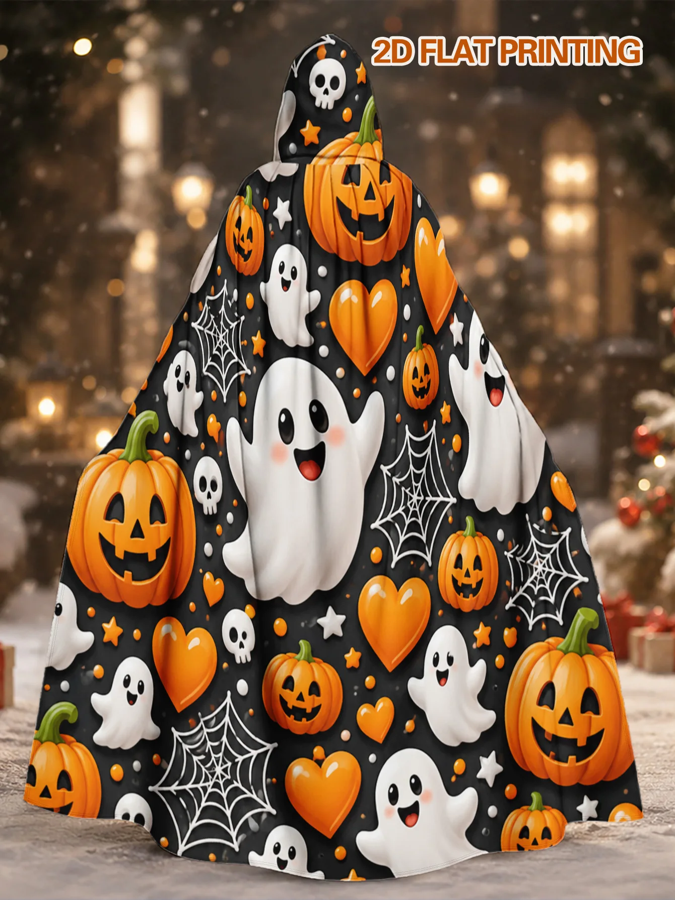 Customization 1pc, Digital Ghosts Pumpkin Orange Hearts Print Hooded Robe Polyester Cape For Halloween Cosplay And Christmas