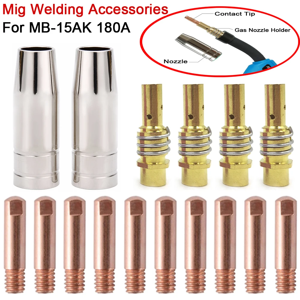 Consumíveis de Soldagem Mig Bico Mb15ak de Co2 Argônio Soldagem a Arco 0.6 0.8 0.9 1.0 1.2 mm Contato Bico Ponta para 15ak Mig Mag 16 Pcs