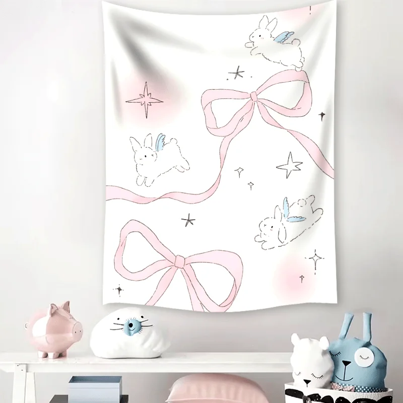 VIKAMA Dreamy Star Moon Rabbit Tapestry with Bow and Gradient Starry Sky Children's Room Instagram-Style Fairy Tale Theme Decor