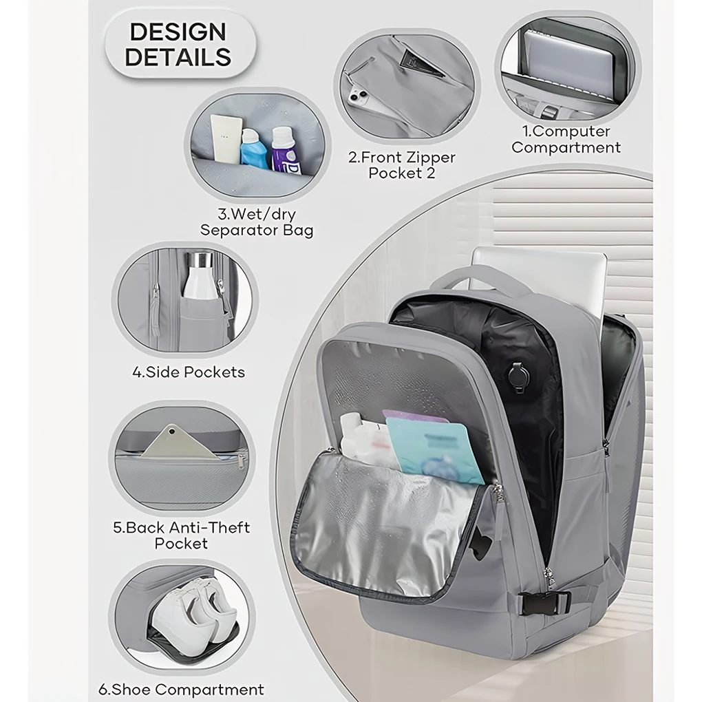 حقيبة ظهر للأمتعة اليدوية للنساء والرجال والأعمال التجارية والكمبيوتر المحمول حقيبة السفر مقاومة للماء مقاس 32 × 20 × 42 سم #2