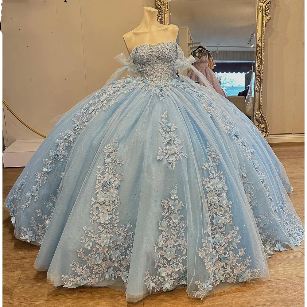 ANGELSBRIDEP Glittering Light Blue Quinceanera Dresses With Bow Vestidos De 15 Anos 3D Flower Beading Lace Birthday Party Gown