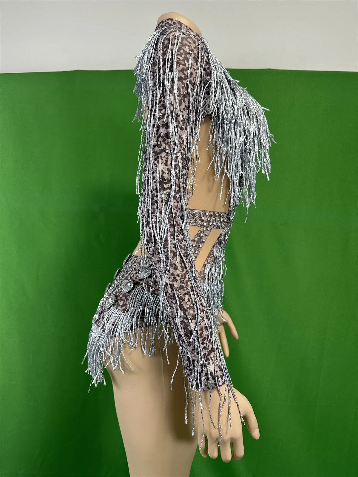 Srebrnoszare, siateczkowe, elastyczne body z frędzlami z dżetów dla kobiet, kostium do tańca salsa, jazz, latin, drag queen, na pole dance, do klubu, 2024