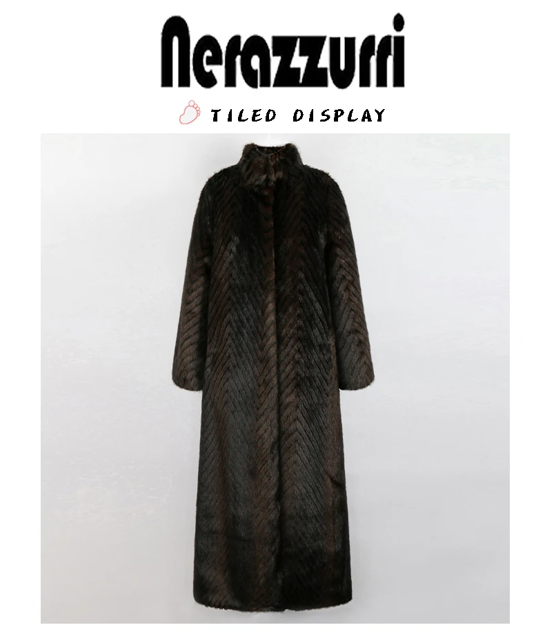 Nerazzurri Winter Extra Long Thick Warm Luxury Elegant Striped Fluffy Faux Mink Fur Coat Women Stand Collar Maxi Overcoat 2022
