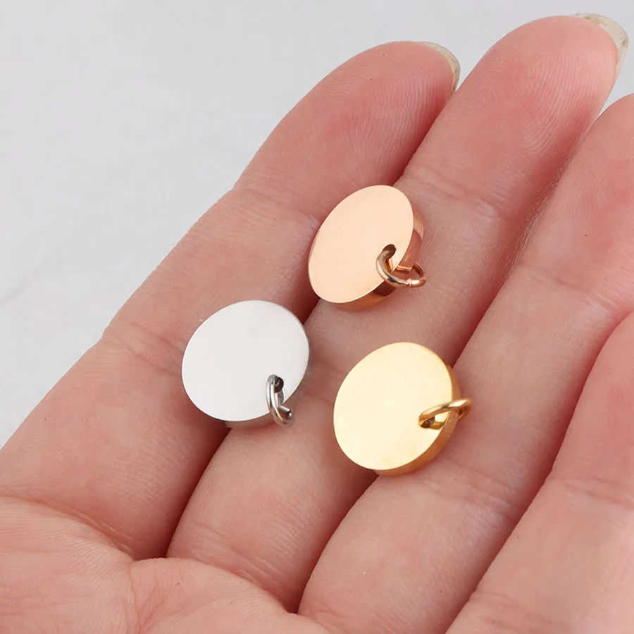 5pcs/lot 12mm Mirror Polished Stainless Steel Round Disc Charms DIY Engrave Blanks Tag With Hang Ring Wholesale