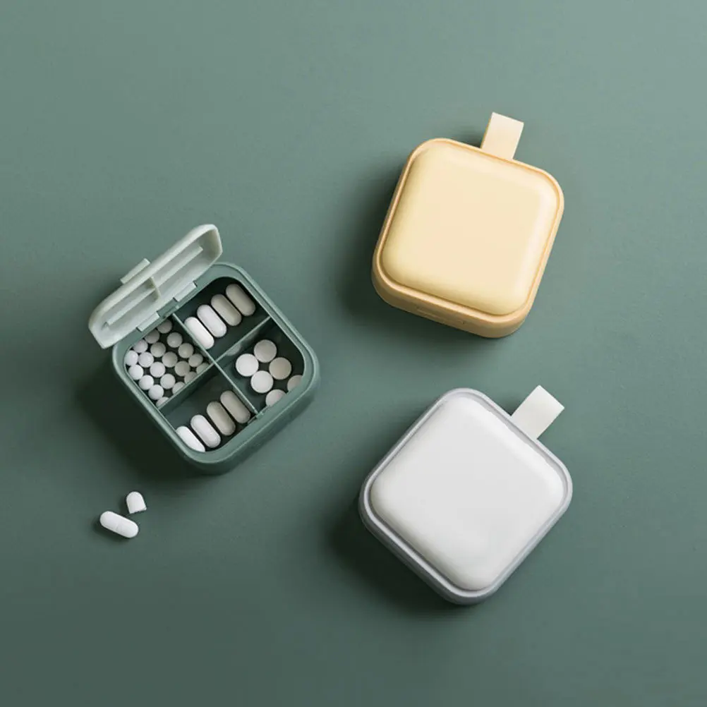 1Pcs Pill Box Mini Square Portable Pill Case Green 4 Compartments Lattice Design Travel Medicine Holder for Home Outdoor
