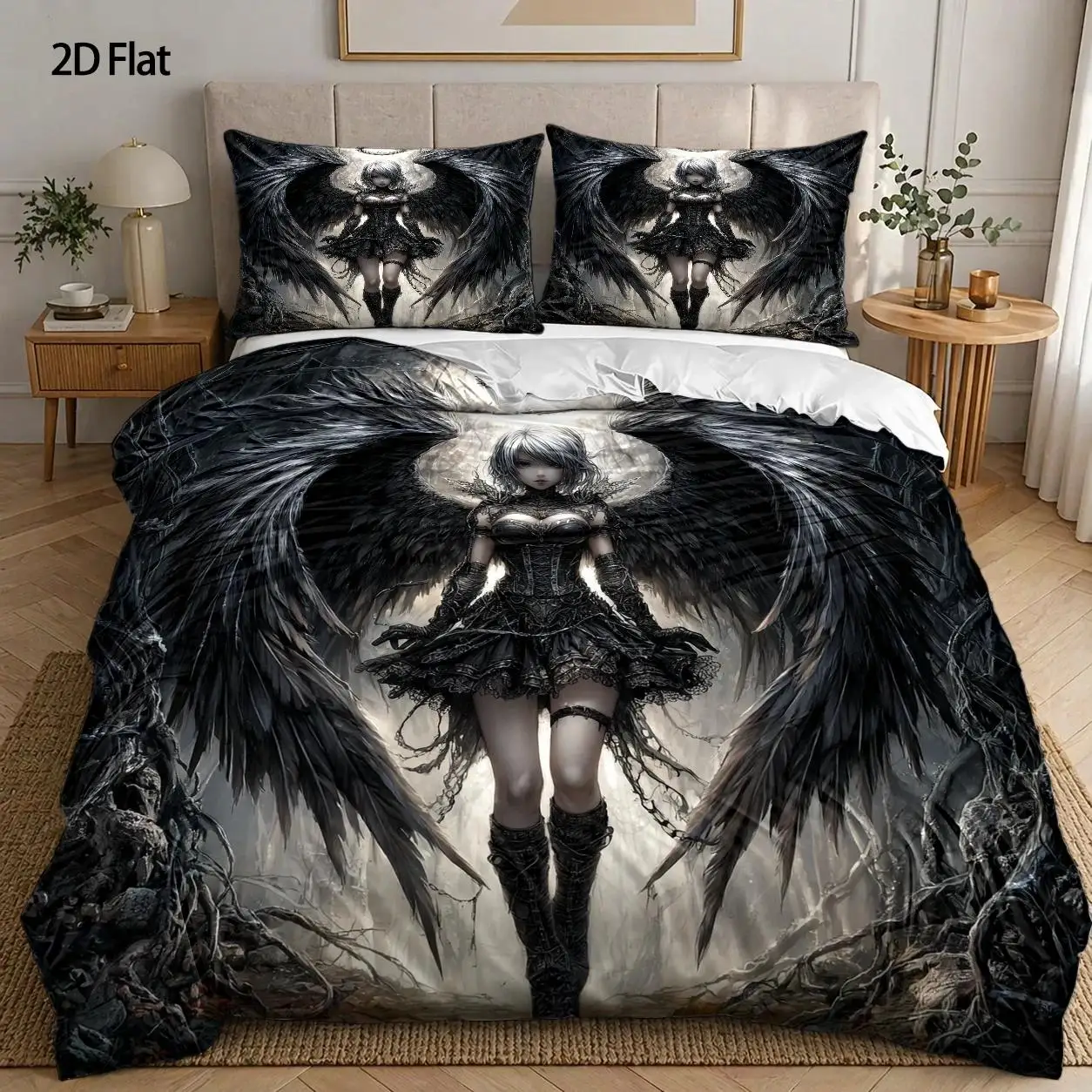 3-Piece Duvet Cover Set Black Dark Angel Gothic Halloween Bedding Set with Invisible Zipper Machine Washable for Bedroom