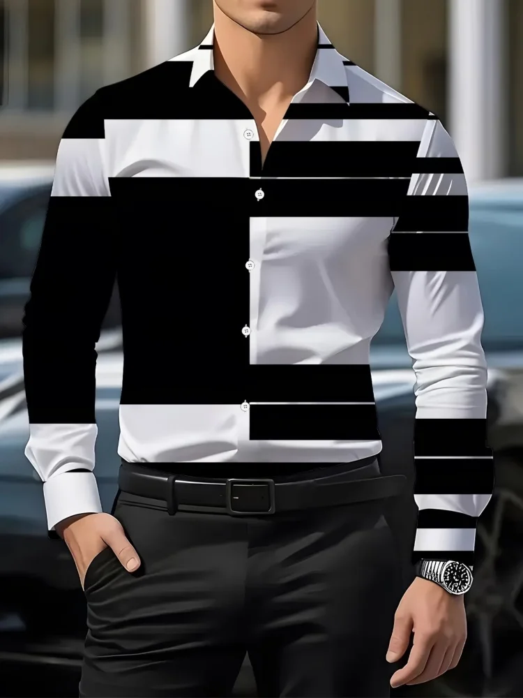 Men's Long Sleeve Shirt Color Block Geometric Stripe Print Daily Top Autumn Fashion Casual Men Clothing