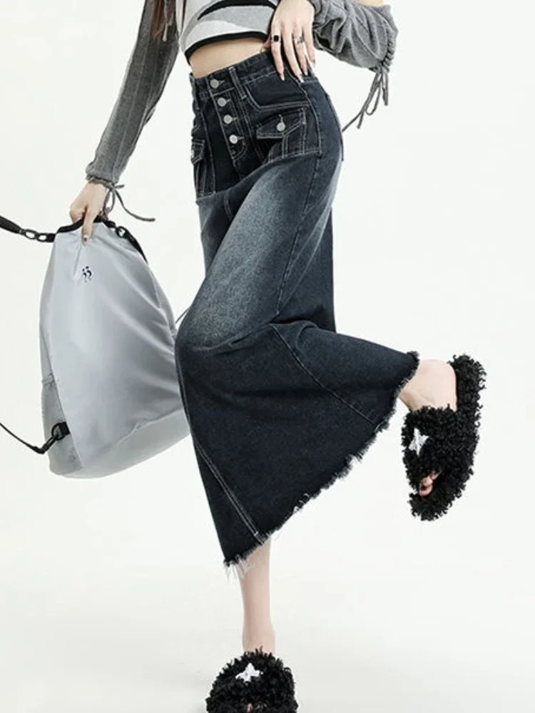 A-line Denim Skirts Women Korean Style Blue Solid Vintage Maxi Casual All-match Elegant Streetwear Design Tassel High Waist Chic