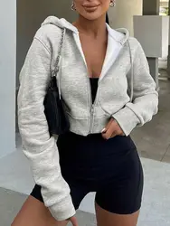 Women Casual Solid Color Short Hoodie New Autumn Winter Zipper Cardigan Hooded Sweatshirt Female Korean Thickened Warm Outerwear