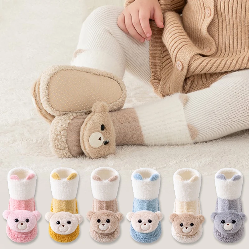Winter Baby Sock Shoes Cute 3D Bear Toddler Slipper Socks Fleece Warm Non-Slip Infant Floor Socks for Newborn Boys Girls