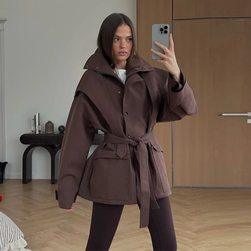 Damen-Windbreaker mit Revers und Schnürung, einreihiger Trenchcoat für Frühling und Herbst, langärmelige, schmale Jacke, neue Oberbekleidung – Detail 14