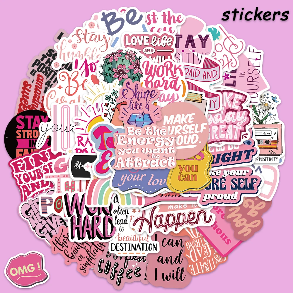 50PCS Pink Inspiration Phrases Stickers For Laptop Luggage Phone Case Fridge Skateboard Waterproof INS Style Graffiti Stickers