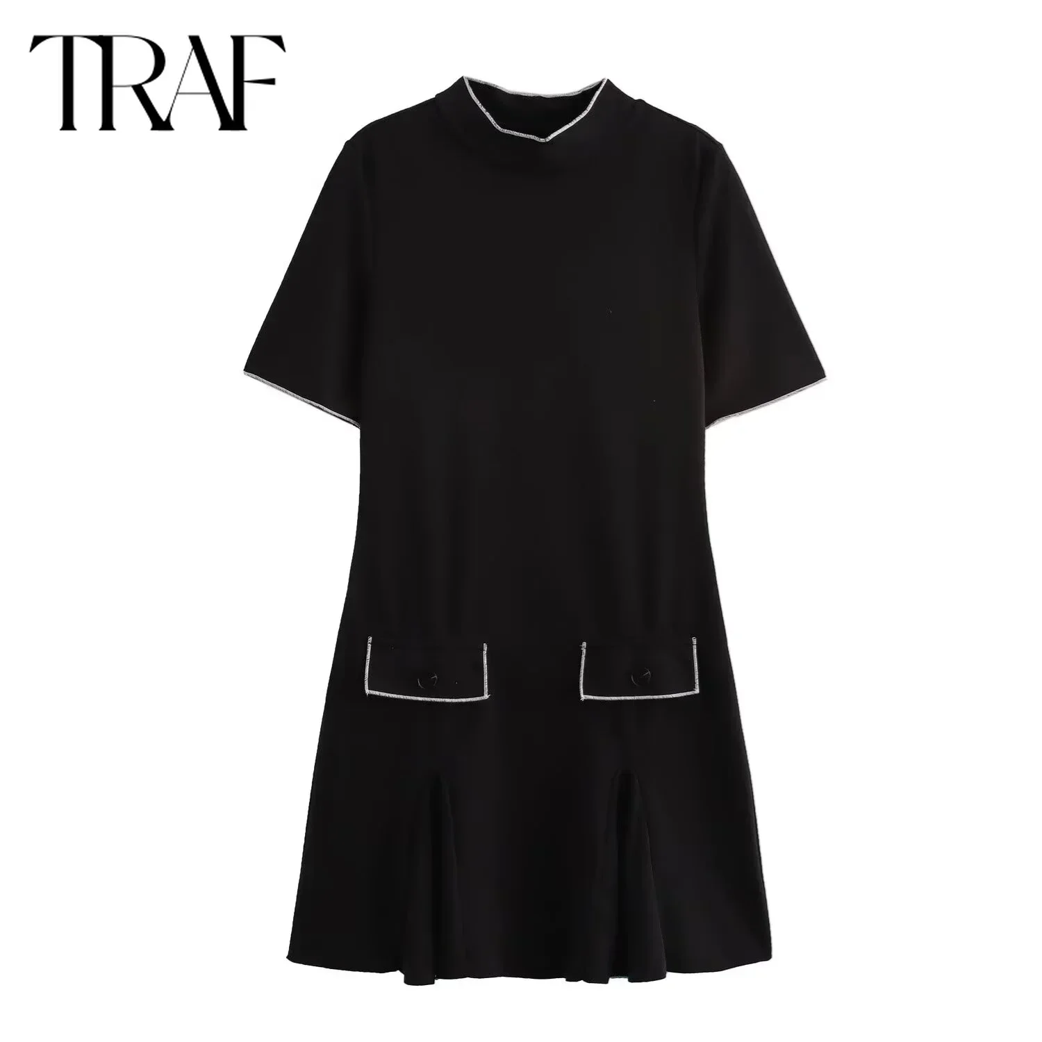 TRAF Dress for Women Fashion Autumn Winter New Wave Wide Swing Short Sleeve Mini Dresses French Chic Female Evening Clothing