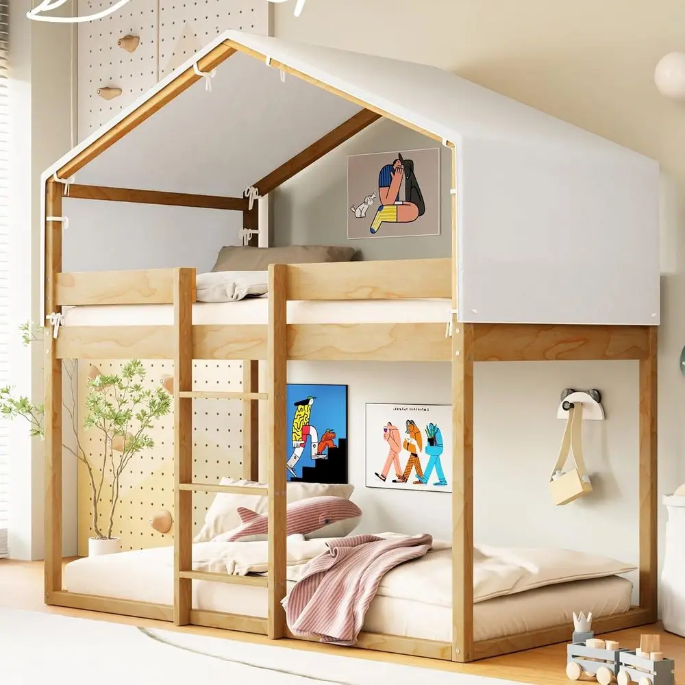

Double Decker Wooden Bunk Bed with Play Tent and Climbing Ladder, Natural Finish