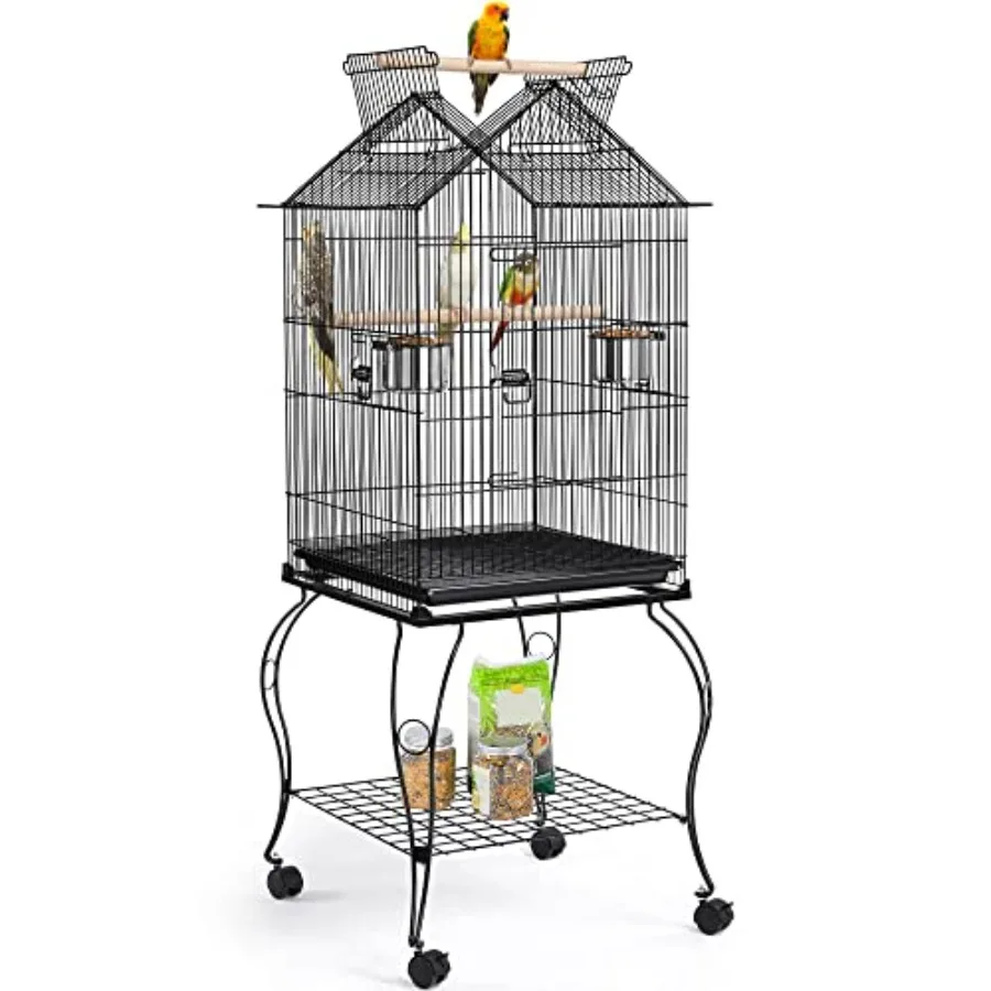 

57-Inch Rolling Open Top Roof Bird Cage for Mid-Sized Parrots Cockatiels Caique Quaker Monk Indian Ring Neck Green Cheek Conure