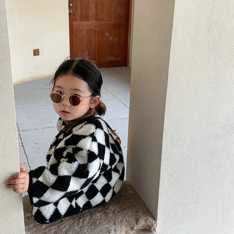 Girls Outerwear Korean Children Clothing 2025 Autumn and Winter New Fashion Fleece Plaid Wool Warm Lamb Wool Casual Jacket