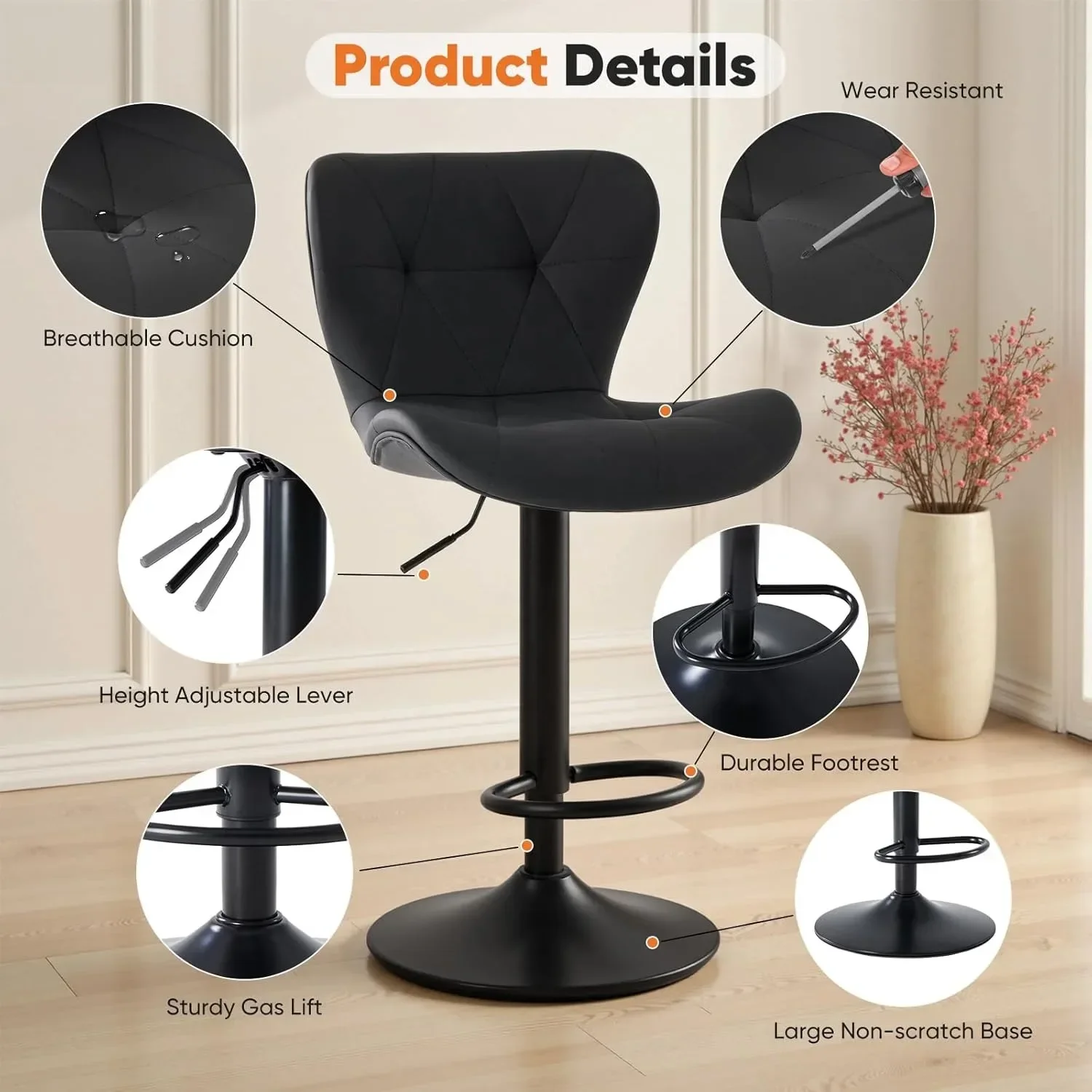 Modern Faux Leather Bar Stools Set of 2, Adjustable Swivel Counter Height Stools with Back Support for Kitchen Bar