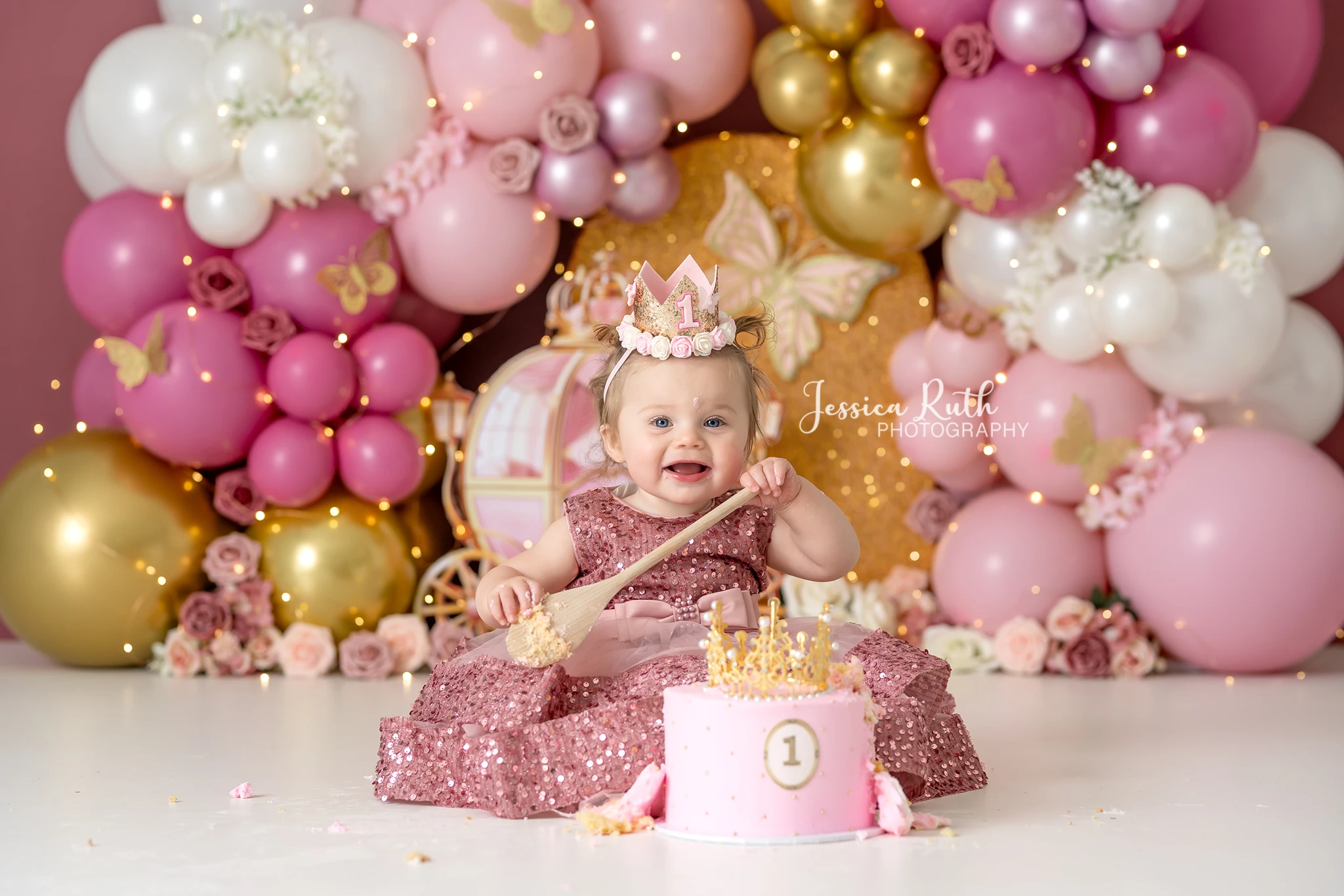 Pink Gold Princess Balloons Backdrops Kids Girl Birthday Cake Smash Photocall Props Child Baby Photo Backgrounds