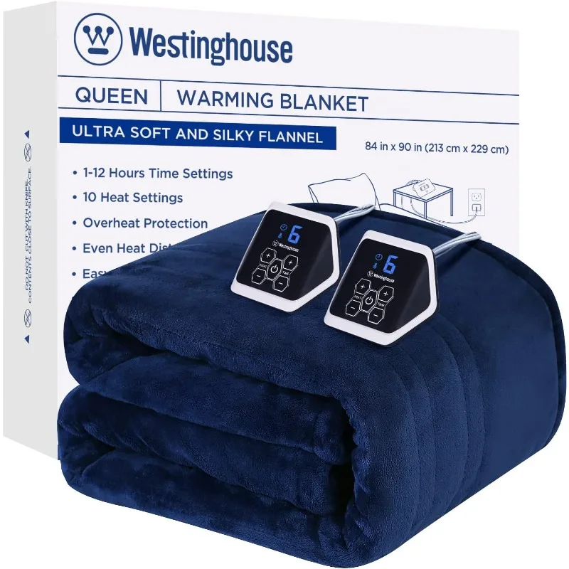 Westinghouse Heated Blanket,Electric Heating Blanket,Fast Heating Warming Blanket,Machine Washable(Queen,84x90 Inches,Navy Blue)