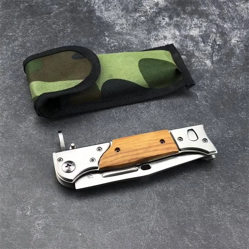 Small M9 folding knife, convenient hunting self-defense steel+colorful wood handle fishing gift hiking collection folding knife