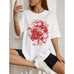 Women T Shirt Harajuku Y2K Streetwear Tops Korean Fashion Gothic Dragon Print Short Sleeve Clothes Aesthetic Oversized T-shirt