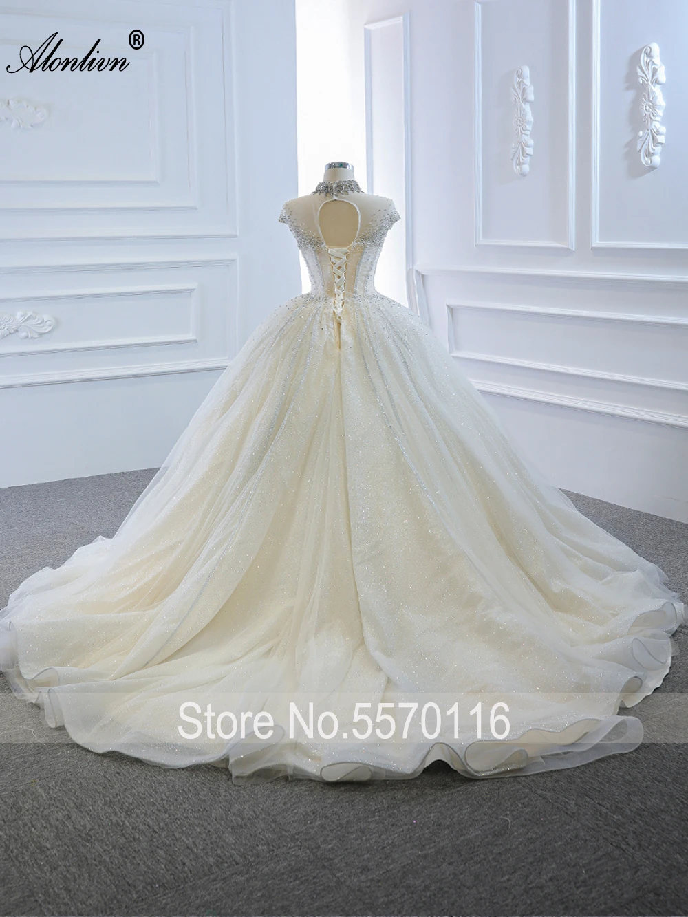 Alonlivn Shiny Lace Ball Gown Wedding Dresses High Collar Beading Crystals Pearls Elegant Bridal Skirts