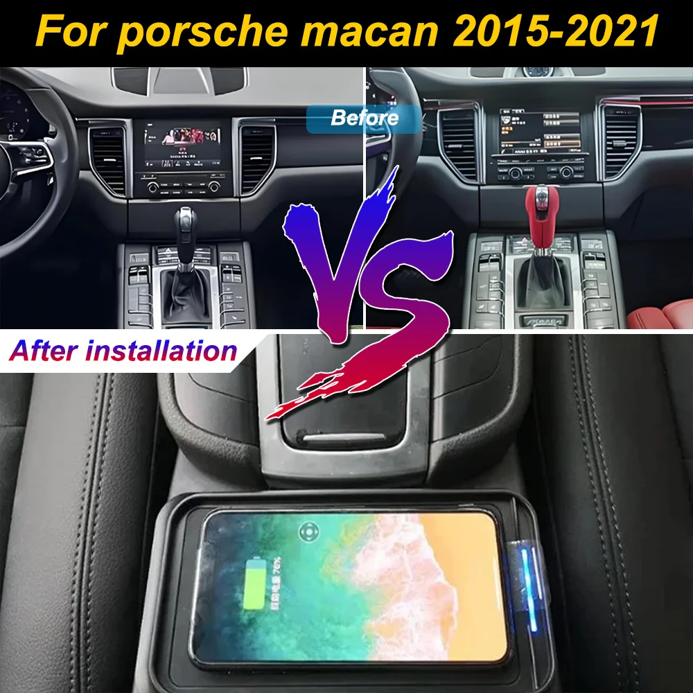 Carregador de celular sem fio 2 Din para Porsche Macan 2015-2021, com compartimento de armazenamento no console central, placa de carregamento rápido 
