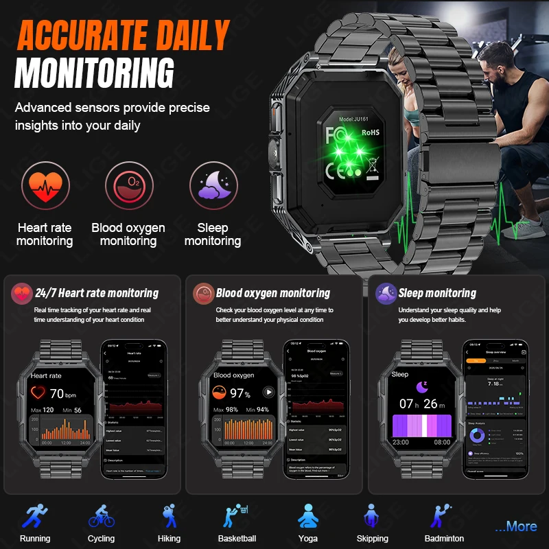 LIGE New 1400mAh Military Smart Watch 2.04