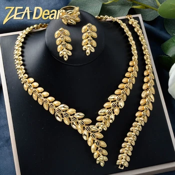 Fashion jewelry set Dubai Bohemia leaf 14k gold plated bracelet ring necklace earrings female wedding bridal gift for women