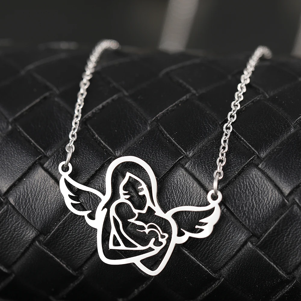 Stainless Steel Necklaces Angel Wings Mother Baby Pendants Chains Charms Choker Fashion Necklace For Women Jewelry Mama Gifts