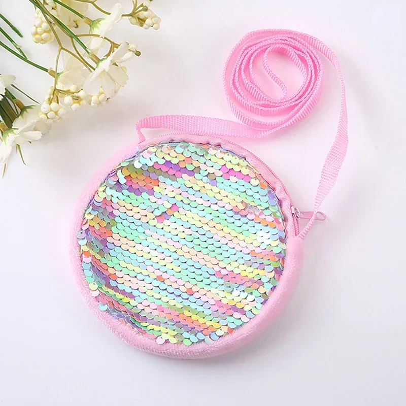 Round Princess Coin Purse Color Sequins Shiny Lanyard Shoulder Bag Children's Messenger Small Pack Kids Handbag Lovely Girl Gift