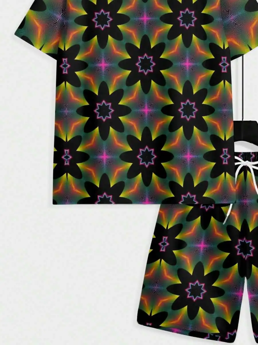 

Mens Two-Piece Set Casual Short Sleeve Top And Shorts Black Background Colorful Star Print Summer Beach Outfit