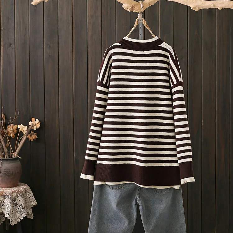 Autumn Winter plus Size Sweater Striped Color Block Design Loose Fit Overhead Knittedwear Fake Two-Piece Style Warmth Heating