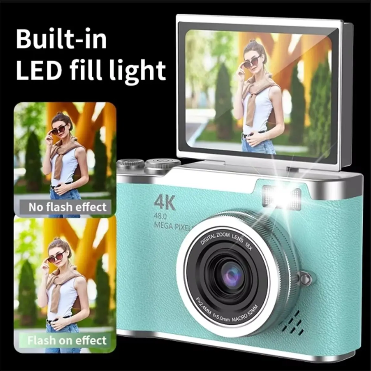 Goodprice 4K CCD 8X Digital Zoom Camera for Student 48MP Compact Digital Photography Camera 180 Flip Screen Selfile Camera Pink