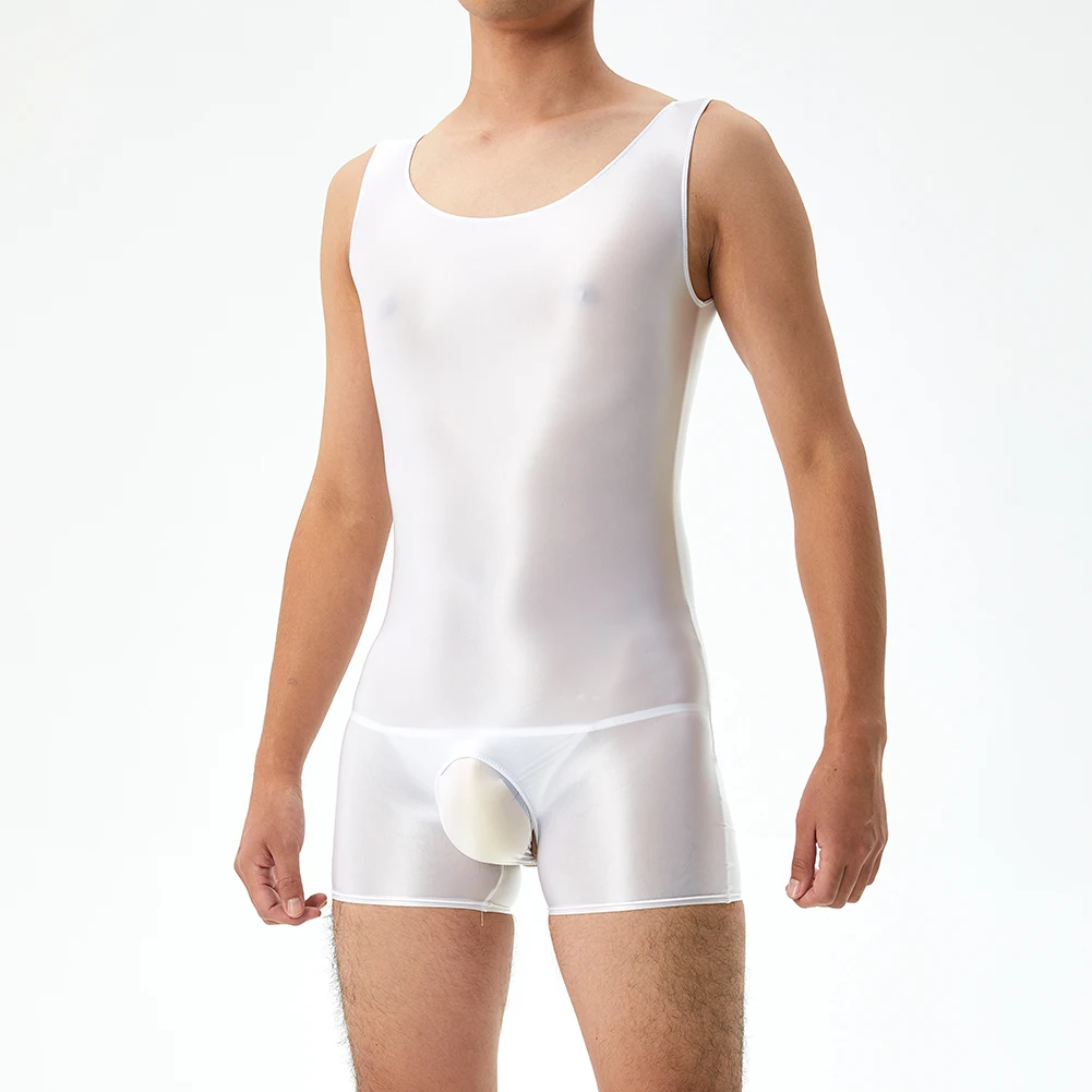 Combinaison sexy à entrejambe ouvert pour hommes, costume de batterie brillant à l'huile, short en fibre, justaucorps séduisant, élastique transparent, vêtements d'extérieur