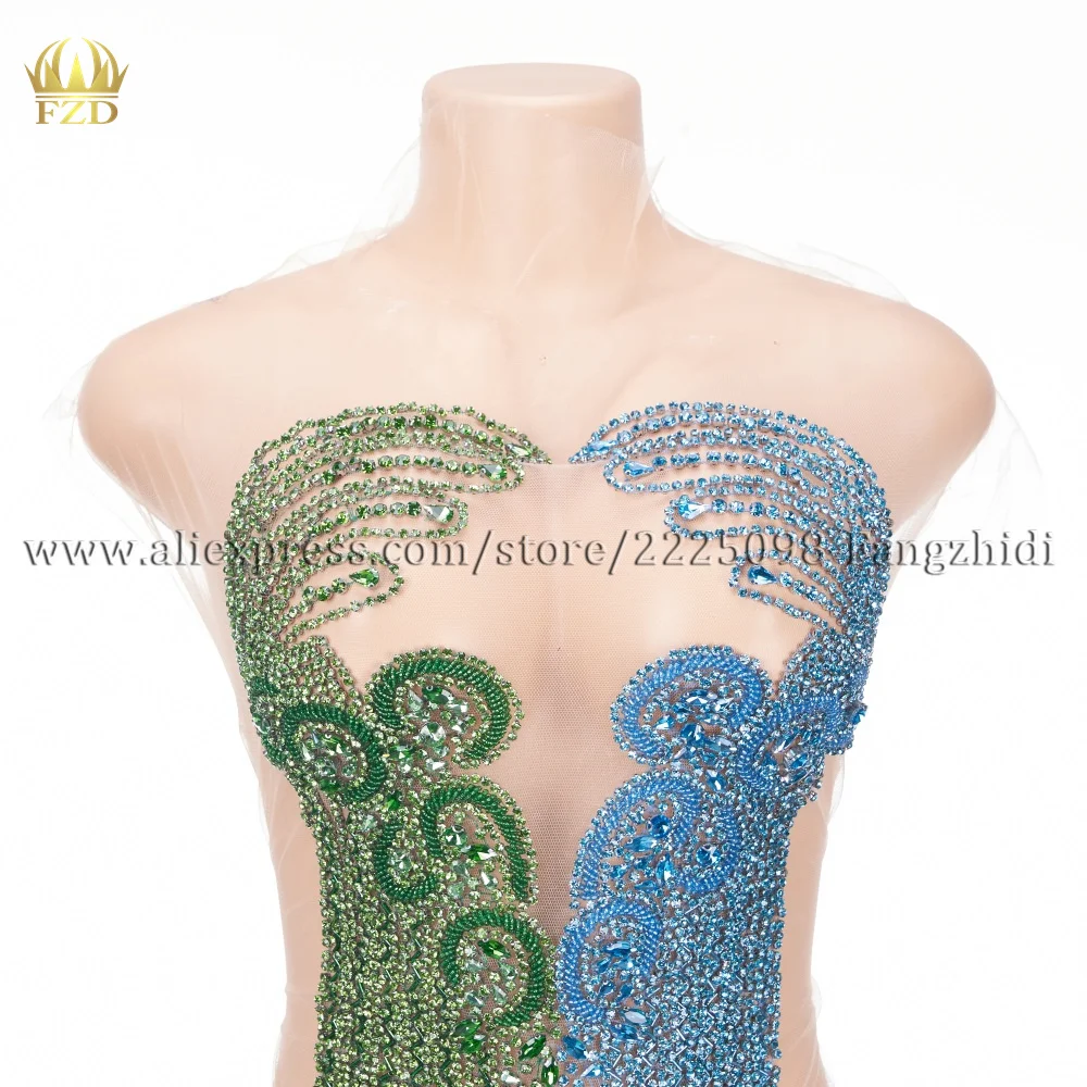 FZD 1 PCS Green & Blue Crystal Rhinestone Appliques for Wedding Dress Beaded Mesh Lace Applique Patches Sewing Iron on Patch