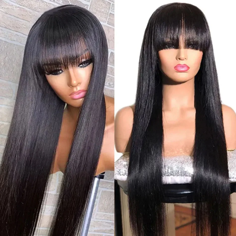 Natural Black Bone Straight Human Hair Wig With Bangs 30Inch Glueless Brazilian 3x1 Lace Wigs Full Machine Made Wig