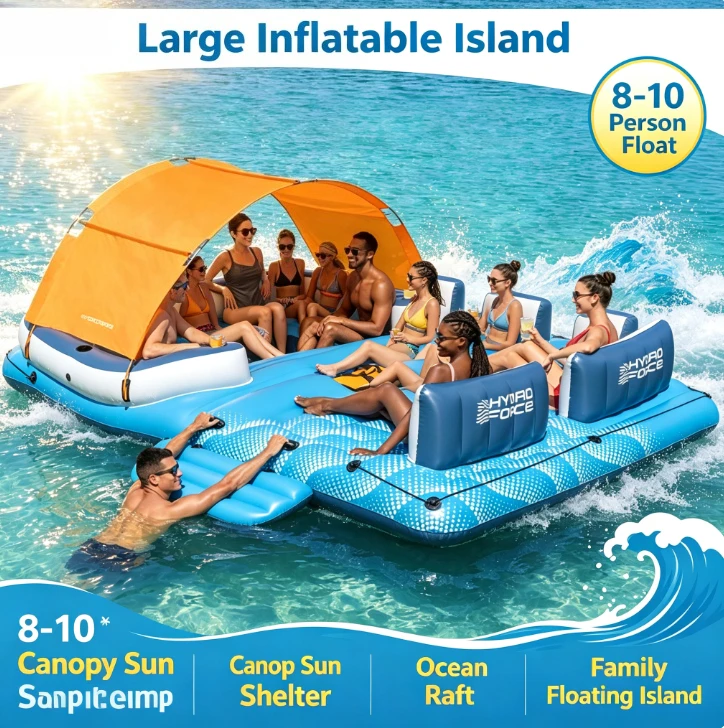 Large Inflatable Floating Island With Sun Canopy 8‑10 Person Adult Sea Drift Raft Shade Boat for Pool Water Entertainment Use