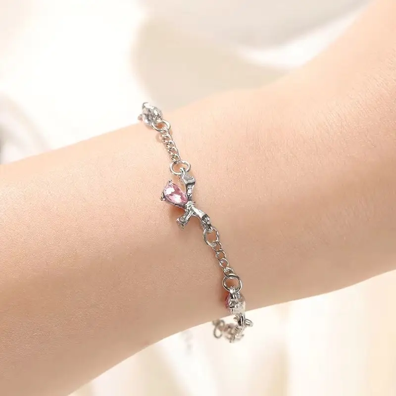 Shiny Pink Crystal Bow Knot Bracelets For Women Girls Sweet Water Droplet Charms Bracelet Party Aesthetic Trendy Jewelry Gifts