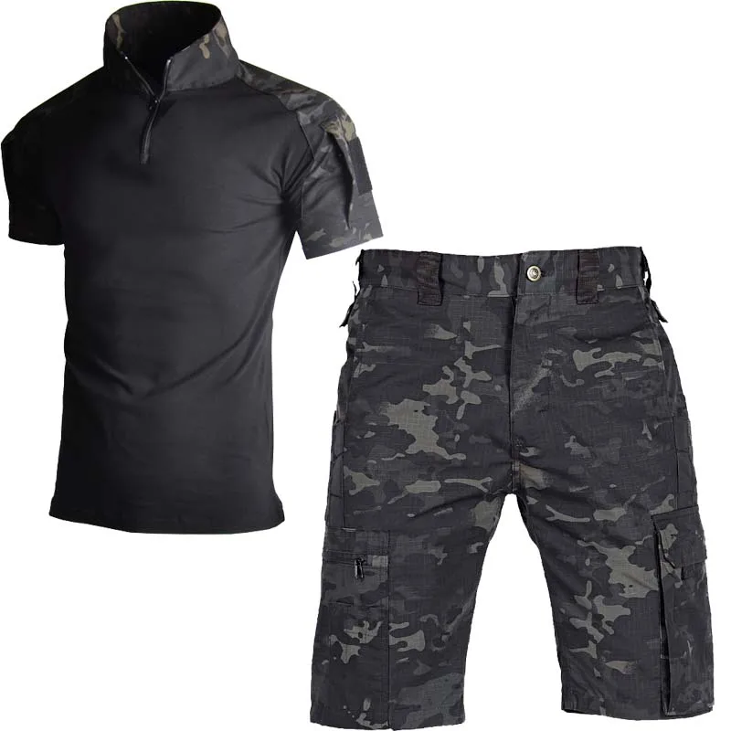 Men's Camo Tactical Outdoor Shorts Set Quick Dry Multi-pocket Wear-resistant Hiking Camping Travel Activity Suit