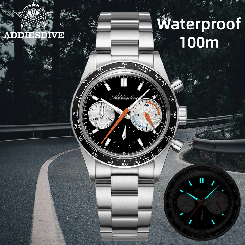 ADDIESDIVE 37mm Watch For Men Chronograph 10Bar Diver BGW9 Luminous Bubble Mirror Glass AD2539 Aluminum Ring VK63 Quartz Watches